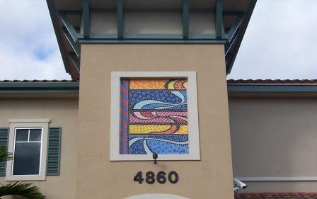 Artist's concept of DNA painting in frame on side of building